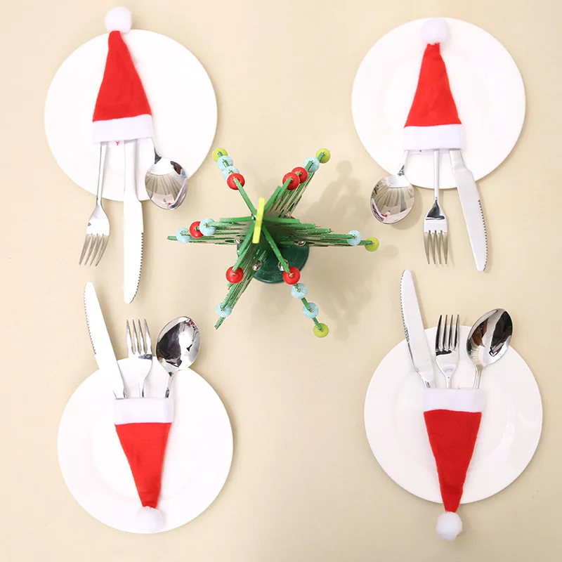 10pcs Christmas Decorations Decorative Tableware Xmas Caps Cutlery Holder Knife Fork Set Spoon Pocket Bag Navidad