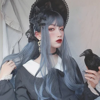 

HUAYA Wavy Long Straight Synthetic Wigs With Bangs for Women Gray blue Cosplay Hair wig Heat Resistant Daily Party wigs