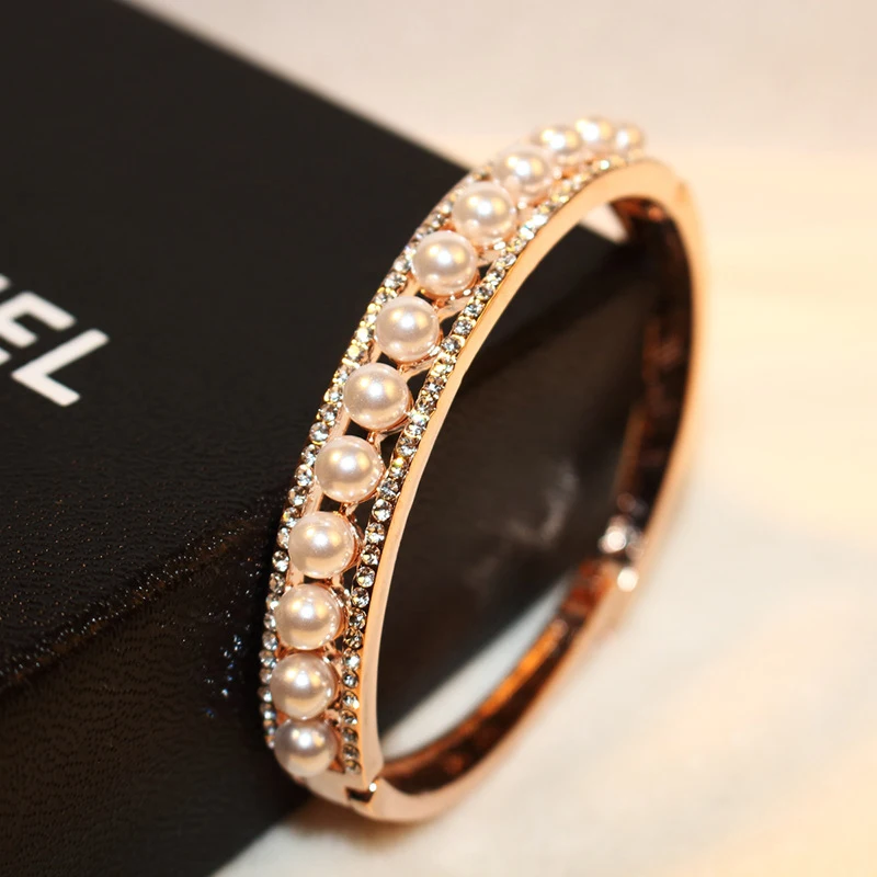 

2017 Punk Creative Fashion Jewelry Full Crystal Rose Gold CZ Pearl Bracelet Luxurious High Quality Bracelet Women Bangles Party