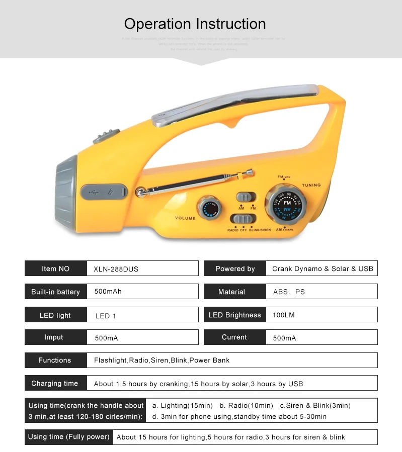 Crank Dynamo радио, XLN-288DUS Crank Dynamo AM/FM радио с фонариком ручной Cranking перезаряжаемые Аварийные Фонари