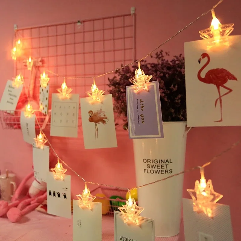 

LED star String lights Card Photo Clip Holder Fairy Garland lamp For Christmas New Year Wedding Party Decoration Battery holiday