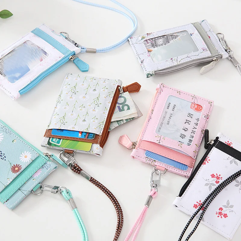 Women Floral PU Leather Card Holder Neck Strap with Lanyard Badge Wallet Bank Credit ID Case Purse Bags Pouch | Багаж и сумки
