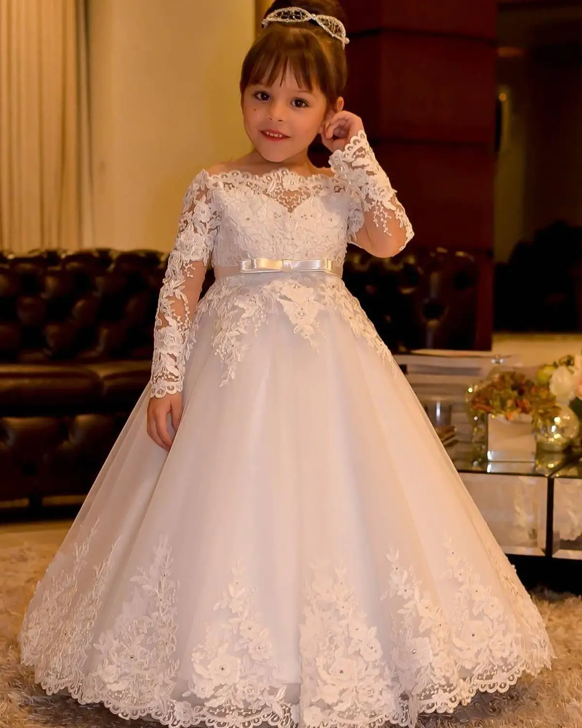 lace off the shoulder flower girl dress