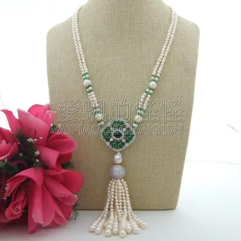 

N071003 2 Strands Green Stone White Freshwater Pearl Pendant Necklace