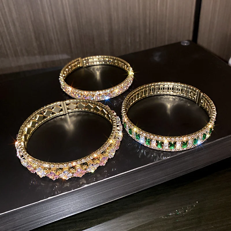 Geometric Zircon Bracelet & Bangles For Women Pink Green Crystal Cuff Bracelets Weddings Party Jewelry