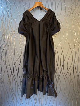 

2020 Spring and Summer New Women's Deep V-neck Wrinkled on the Sleeves Solid Color he ye bai Loose Long Dress 413