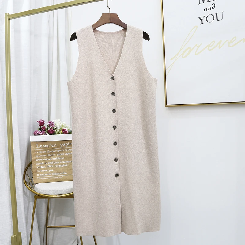 Womens Medium Long Knitted Vest Sweater Dress Plus Size Casual Loose Fall and Winter V Neck Jacket Sleeveless Outerwear Clothing