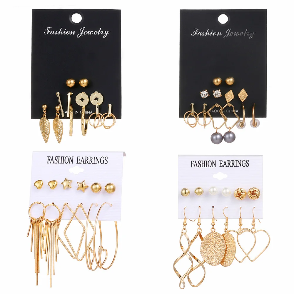 

4 Style Fashion Round Ball Metal Heart Leaf Star Geometry Earrings Set New Imitation Pearl Crystal Stud Earrings for Women Gift