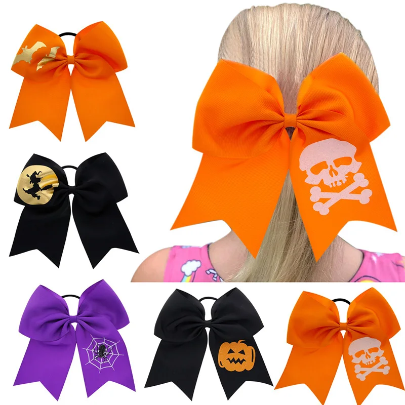 1 pcs Halloween girl hair ring 17cm big bow elastic hair band orange black purple pumpkin bat spider witch skull print hair rope