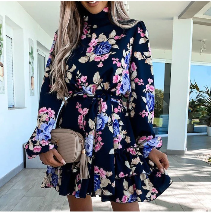 Southpire Navy Floral Print Loose Style Mini Dress Women Long Sleeve High Neck Party Dress Ladies Day Casual Clothes Spring 2022