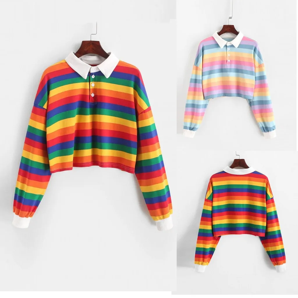 

Contrast Striped Rainbow Half Button Crop Sweatshirt Short Polo Shirt Long Sleeve Women Shirts Autumn Pullovers Top Female