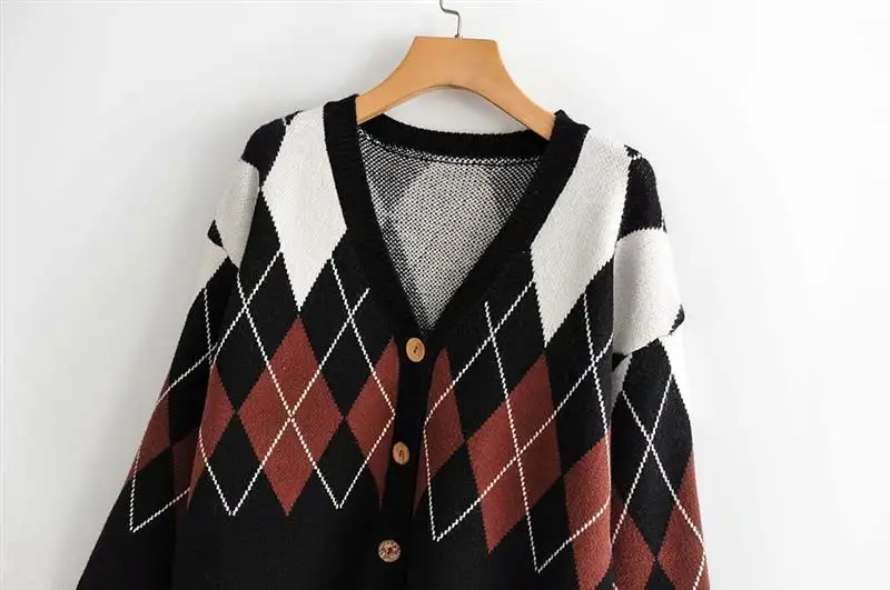 Осенний однобортный женский вязаный свитер с длинными рукавами и v-образным вырезом, геометрический цвет, женский свитер Harajuku Wind
