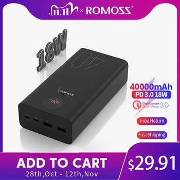 

ROMOSS Zeus 40000mAh Power Bank 18W PD QC 3.0 Two-way Fast Charging Powerbank Type-C External Battery Charger For iPhone Xiaomi
