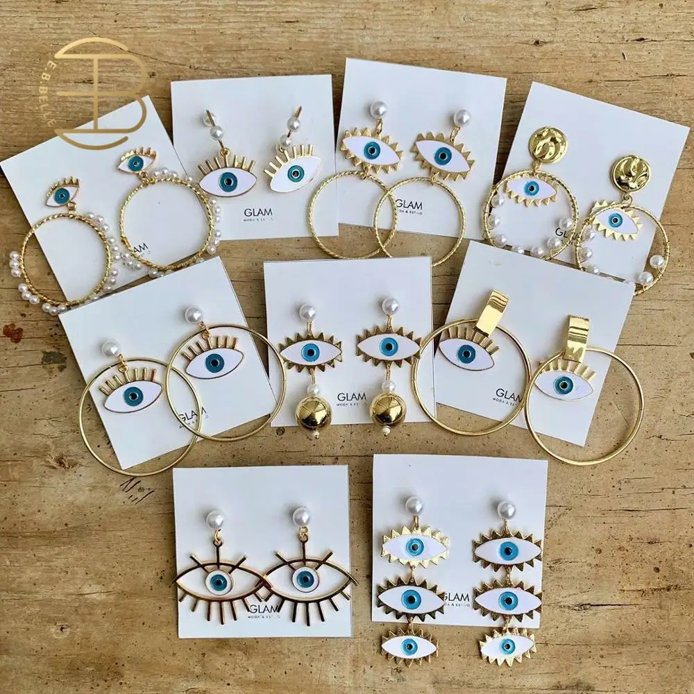 Eye-Earring-Accessories Geometric-Loop Pearl Evil Street-Style Gold-Color Women Enamel