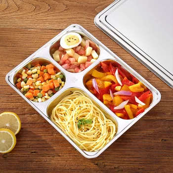 

2&3&4grids 304 Stainless Steel Plate with Lid Fast Food Plate Square Grid Plate Round Children's Plate Canteen Adult Lunch Box