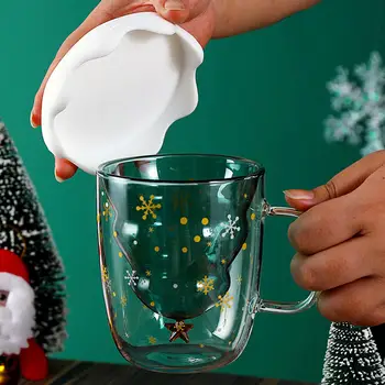

Christmas Tree Shape Double Wall Heat Insulation Snowflake Coffee Milk Cup Mug