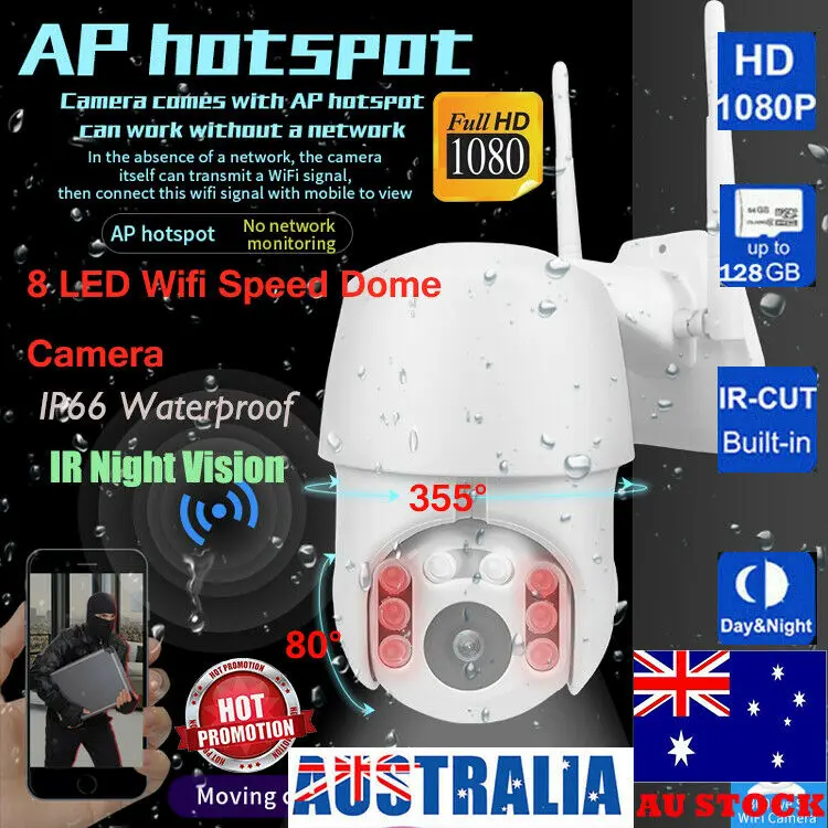 

1080P HD IP CCTV Camera Waterproof Outdoor WiFi PTZ Security Wireless IR Cam AU