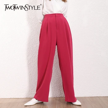 

TWOTWINSTYLE Casual Solid Women Pant High Waist Zipper Fly Pockets Pleated Loose Plus Size Female Straight Pants 2020 Fashion
