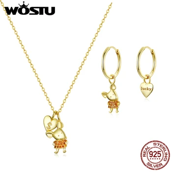 

WOSTU Real 925 Sterling Silver Lucky Mouse Rat Jewelry Set Necklace & Hoop Earrings For Women Wedding Gold Color Luxury Jewelry