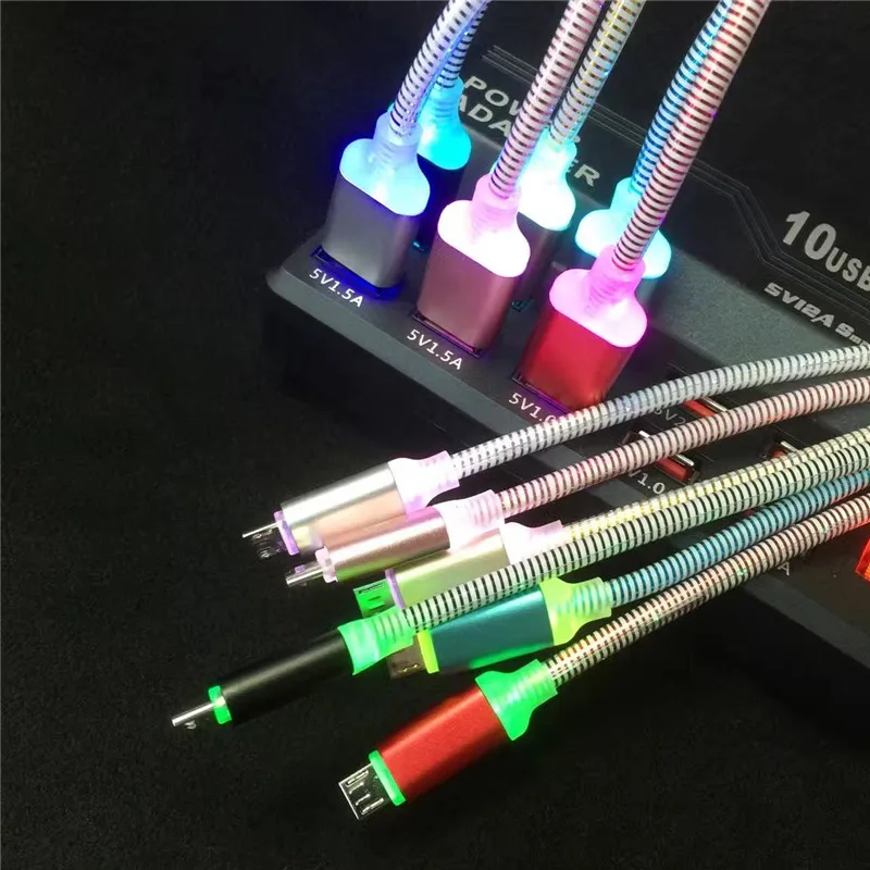 LED Lumines Spiral Cable For iPhone Samsung Xiaomi Type C Fast Charge USB Data Cable Micro USB Charging Cable Mobile Phone Cable