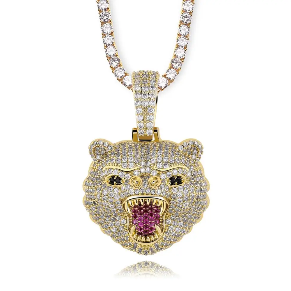 New Fashion Hip Hop Jewelry Beast Bear Animal All Iced Out Pendant Necklace 5mm Tennis Chain Gold Silver Men Rock Jewelry Gift - Окраска металла: Gold-Tennis chain