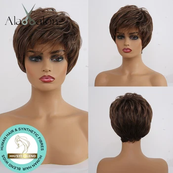 

ALAN EATON Dark Brown Human Hair Mixed Synthetic Wigs Short Bobo Human Hair Synthetic Blend Wigs for Black Women Heat Resistant