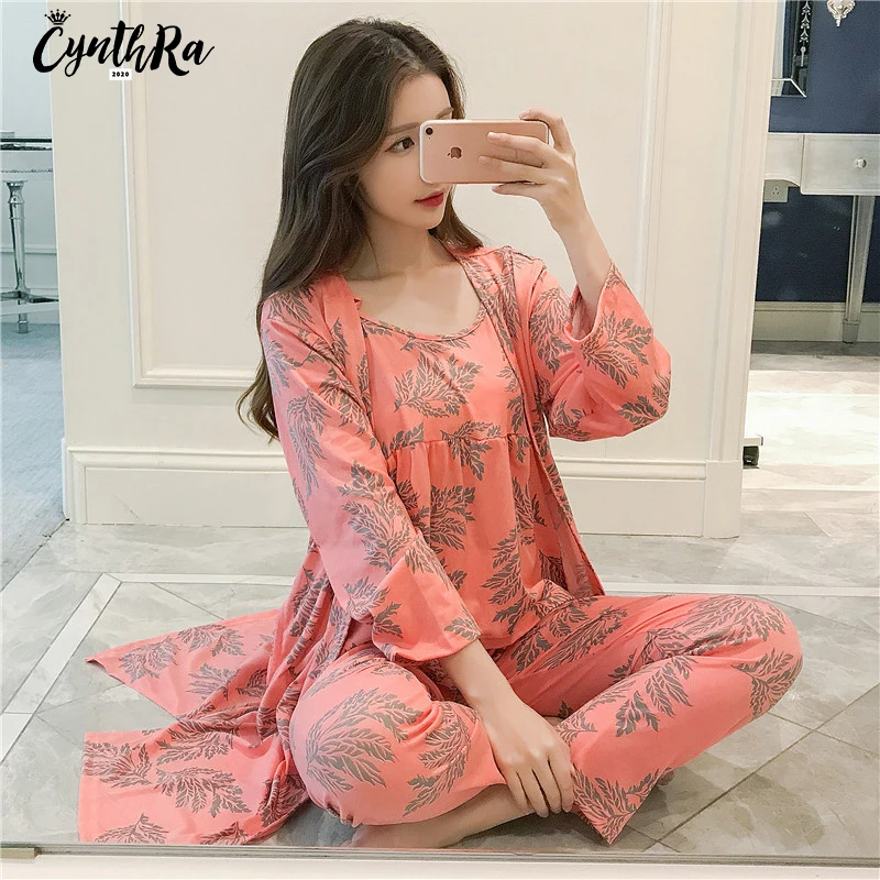 CYNTHRA 3Pcs  New Ladies Pajama Set Man-made Silk Sleepwear  Set Long Sleeve Printed Nightclothes Women Breathable Homewear Top