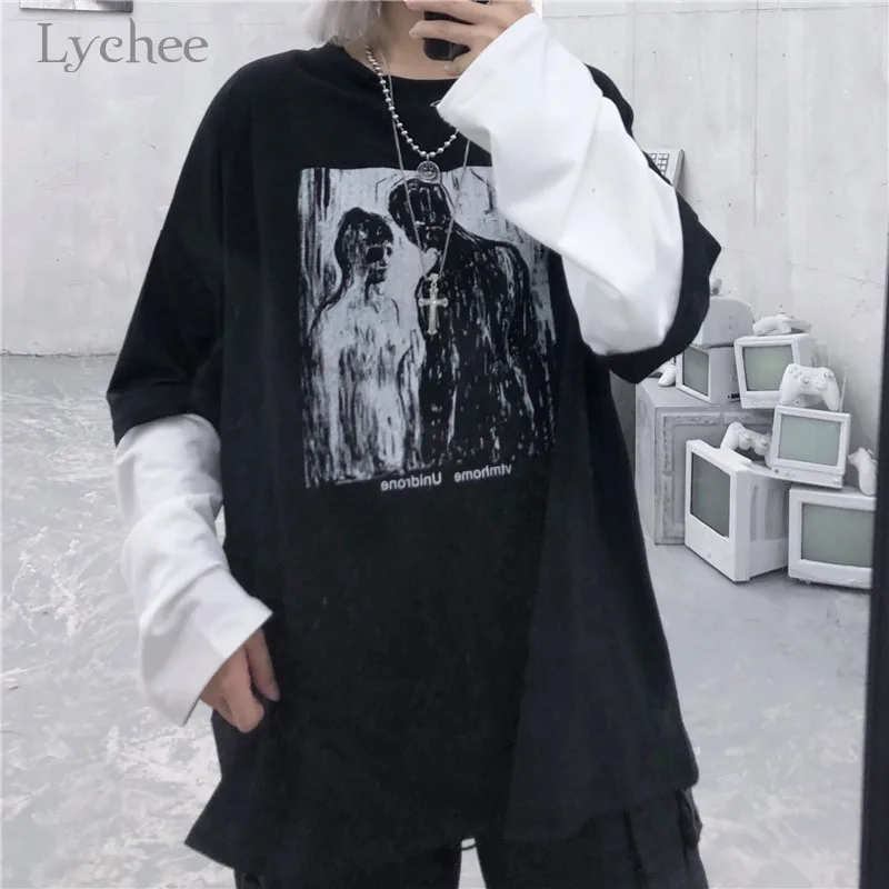 Lychee Harajuku/женская футболка с принтом персонажа, топ, футболка, пэчворк, вырез лодочкой, женские футболки, поддельные 2 штуки, женские футболки, топы, футболки