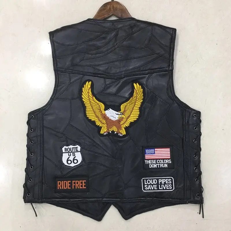Motorcycle Leather Vest Men Motorcycle Casual Jacket Waistcoat with Punk Retro Classical Badges Motocross Equipment