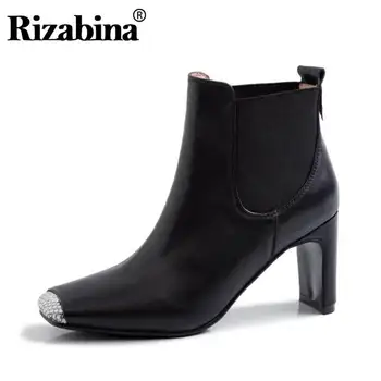 

RIZABINA High Heels Ankle Boots For Women Genuine Leather Winter Autumn Shoes Women Square Toe Office Short Boots Size 34-39