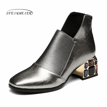 

Women Solid Rhinestone High Heels Party Shoes Woman Winter New Genuine Leather Fashion Short Boots Women Ankle Boots Steinmeier