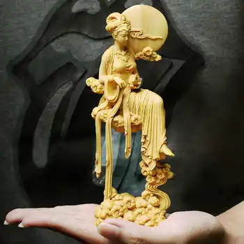 

New 18cm Boxwood Wood Carving Beauty Chang'e Statue Mythological Figure Sculpture Creatives Craftwork Desktop Decoration Office