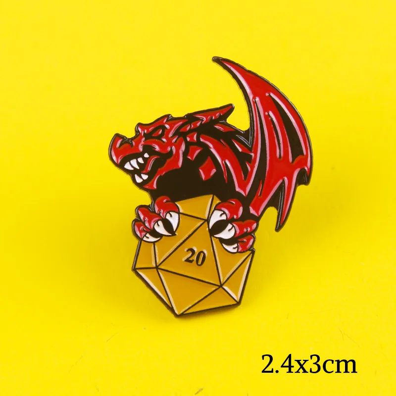 aloyrHe Red Punk D20 Dice Dragon and Dungeon Game Badge Brooch Black Custom DND Symbol Enamel Pin Leather Jackets 