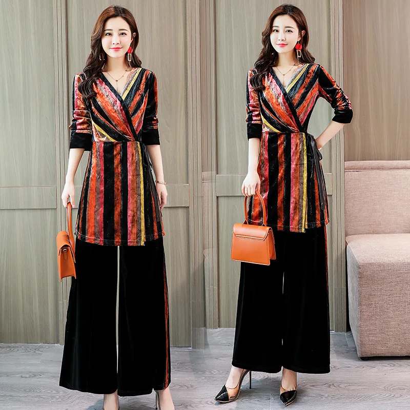 

Gold Velvet WOMEN'S Suit V-neck 2019 Spring New Style Fashion Stripes Slim Fit Casual Loose Pants Fashionable Two-Piece Set