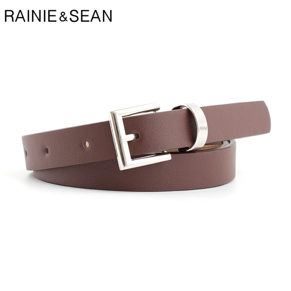 

RAINIE SEAN Pu Leather Women Belt for Trousers Pin Buckle Thin Belt Women 105cm Solid Coffee Black Casual Accessories Belts