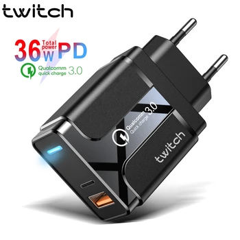 

Twitch 36W LED USB Charger Quick Charge 4.0 PD 3.0 Fast Charger US EU UK Plug Adapter Supercharger For iPhone 11 XR Xiaomi Mi 9