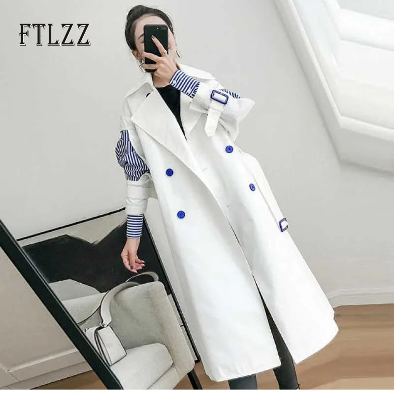 

2019 Women Long Trench Coat New Spring Autumn Casual Korean Style Elegant Double-breasted Patchwork Stripe White Windbreaker