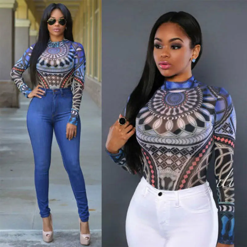 

Women Mesh Jumpsuit Bodycon Bodysuit Leotard Top Romper Blouse LongSleeve Shirts