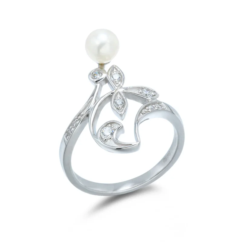 

925 Sterling Rhodium-Plated Western Style Elegant Flower And Leaf Pearl Ring Women's Jewelry
