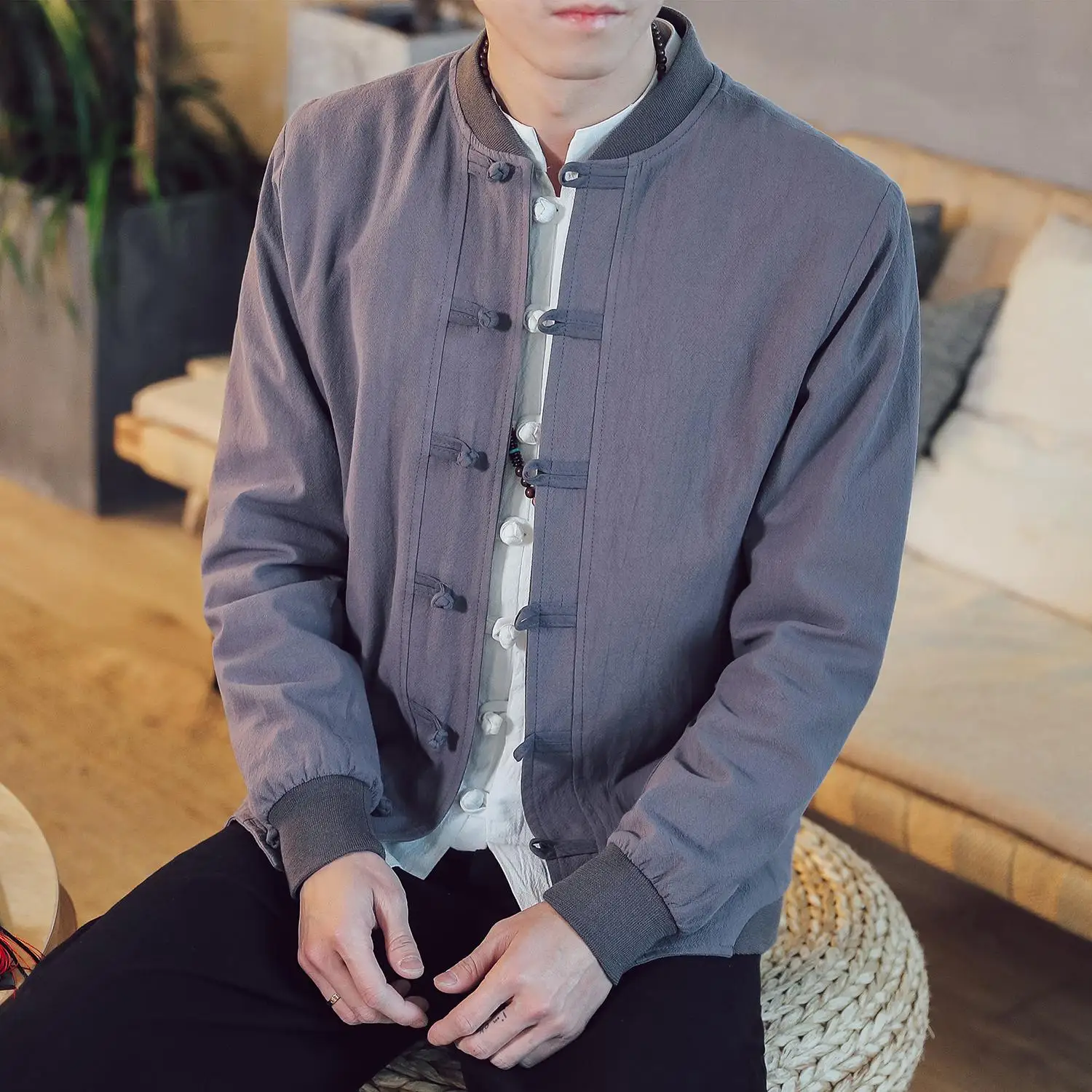 M-5XL Men Chinese Style Coats Plain Color Single Breasted Vintage Jackets Autumn Spring New Long Sleeve Clothes XXXXXL - Цвет: Gray Jacket Men