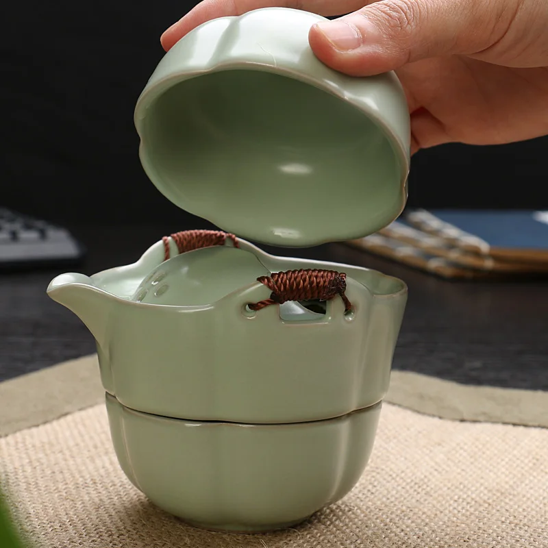 

[GRANDNESS] Ruyao Tea Set Include 1 Pot 2 Cups High Quality Gaiwan Ceramic Teapot Cup Portable Travel Kung Fu Tea Set