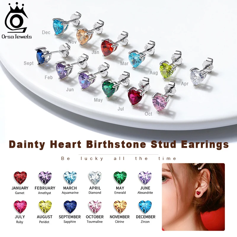 Women 925 Sterling Silver 12 Colors Birthstone Stud Earrings