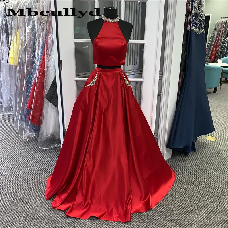 

Mbcullyd Two Piece Prom Dresses For Women Sparkling Beads 2019 Red Satin Long Formal Evening Dress Party For Women