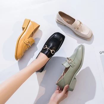 

2020 spring new fashion simple solid color square heel women's shoes retro style soft comfortable casual shoes