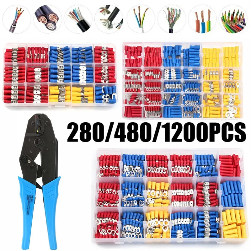 280/480/1200PCS Insulated Cable Connector Electrical Wire Assorted Crimp Spade Butt Ring Fork Set Ring Lugs Rolled Terminals Kit