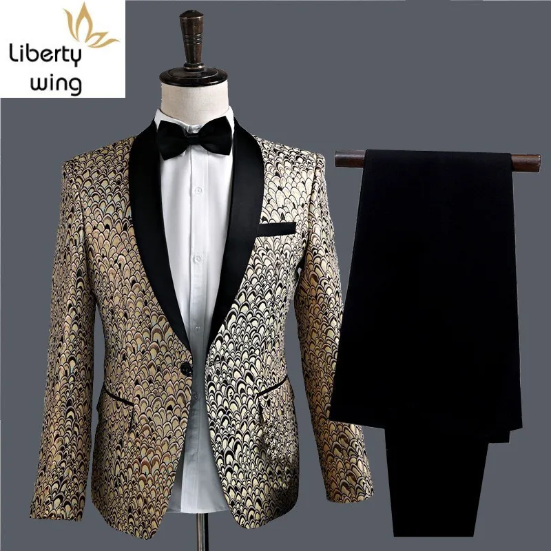 

2 Piece Jacket With Pants Wedding Suit Mens Gold Printing Slim Fit Lapel Marriage Dress Clothes Performance Stage Costumes Coat
