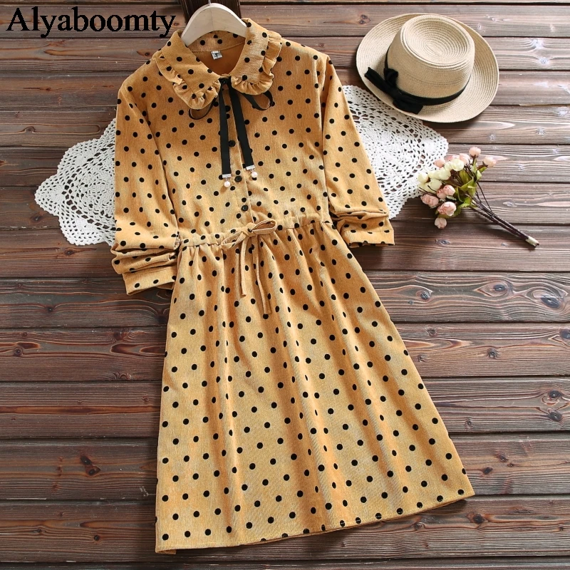 

Japanese Mori Girl Autumn Spring Women Mini Dress Peter Pan Collar Yellow Purple Polka Dot Vestido Corduroy Elegant Kawaii Dress