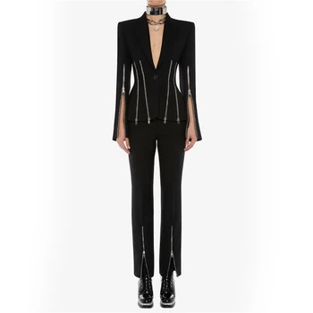

2020 Women Black Blue Zipper Long Sleeve Two 2 Pieces Suit Jumpsuit Good Quality Club V Neck Solid Wholesale Dropshipping