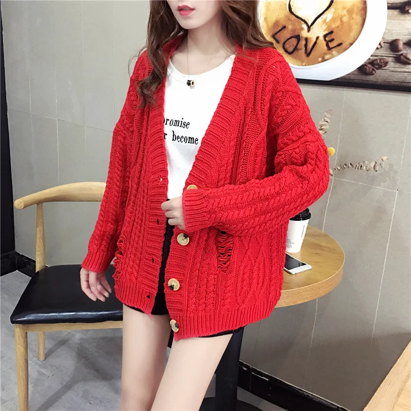 New Korean version loose fit button cardigan long sleeve hole sweater coat knitwear women cardigan New Korean version loose fit button cardigan long sleeve hole sweater coat knitwear women cardigan
