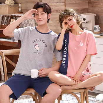 

Summer Knitted Cotton Letter Lovers Pyjamas Cartoon Pajamas Set Male Sleepwear Pyjamas Nightsuits Pijamas Mujer Homewear Female